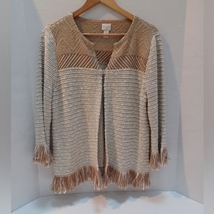 Chico's Womens Brown‎ Cream Gold Knit Fringe Hem Cardigan Size 2